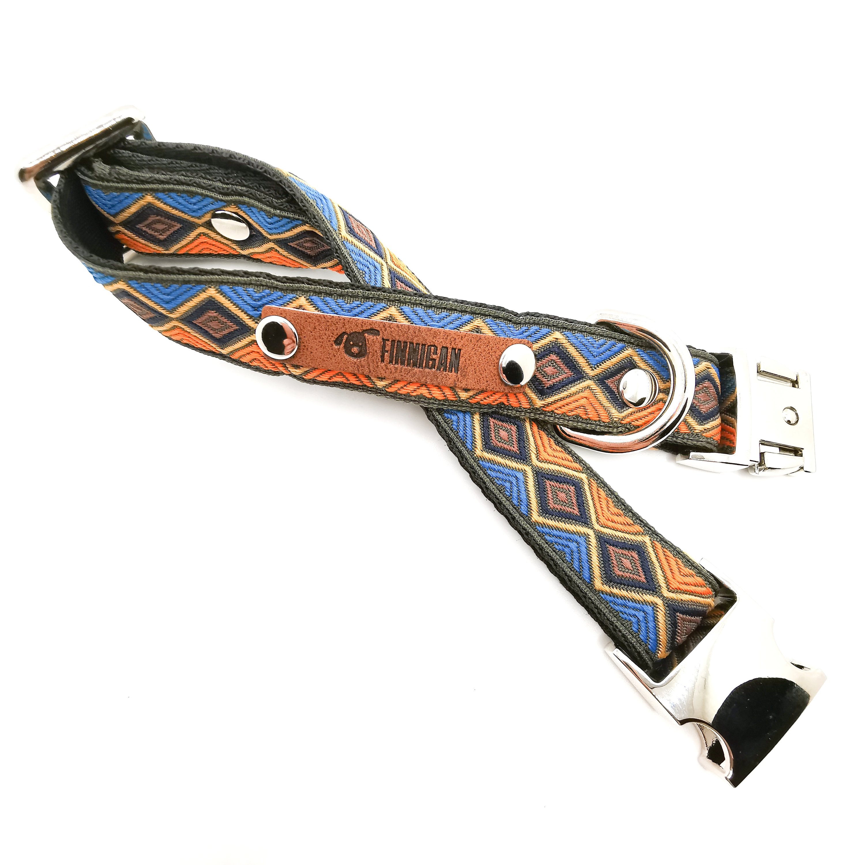 A stylish Finnigan's Personalised Designer Dog Collar featuring vibrant patterns and a custom engraved aluminium buckle, perfect for any dog.