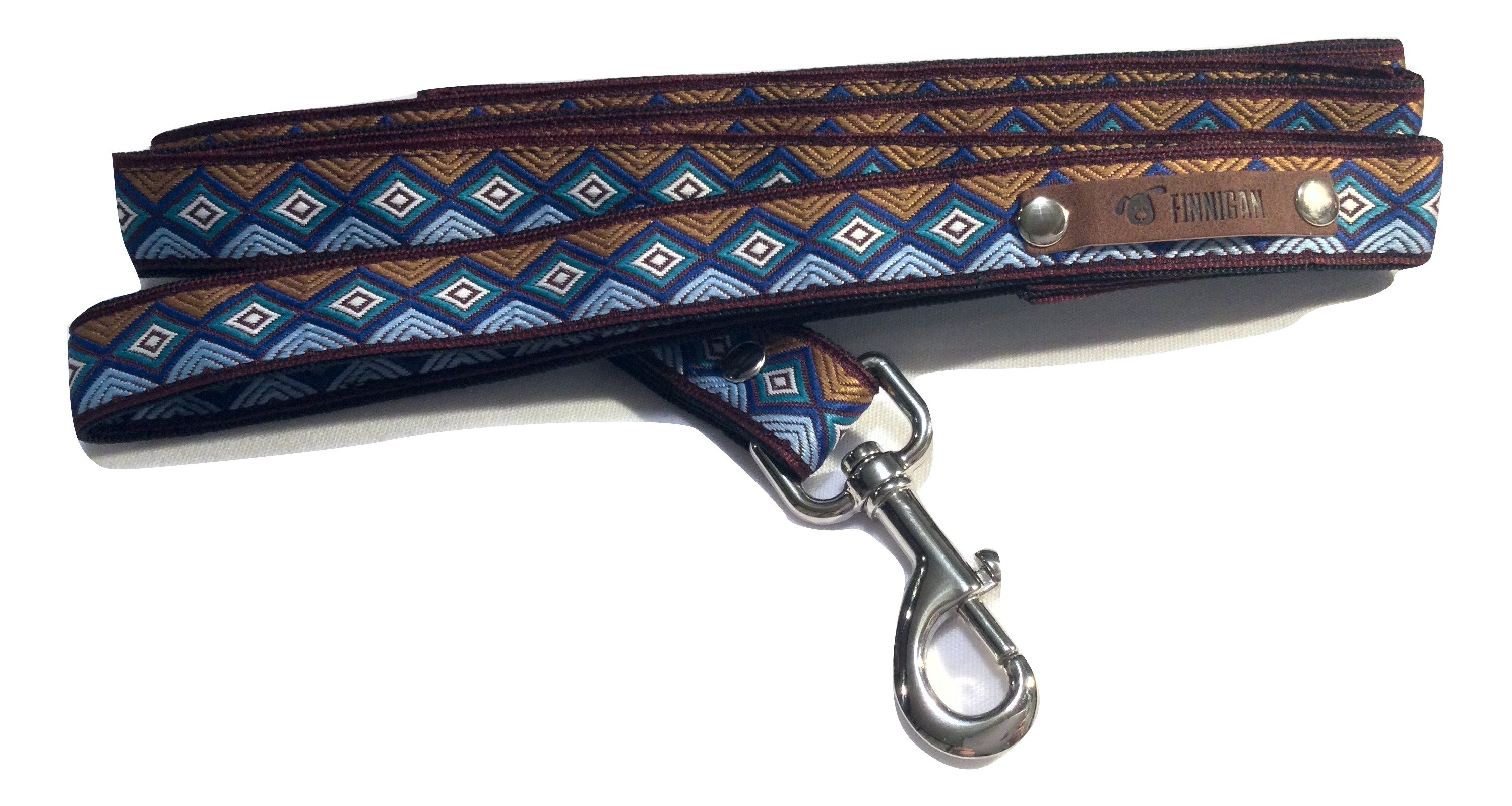 A stylish Finnigan's Personalised Designer Dog Collar featuring vibrant patterns and a custom engraved aluminium buckle, perfect for any dog.