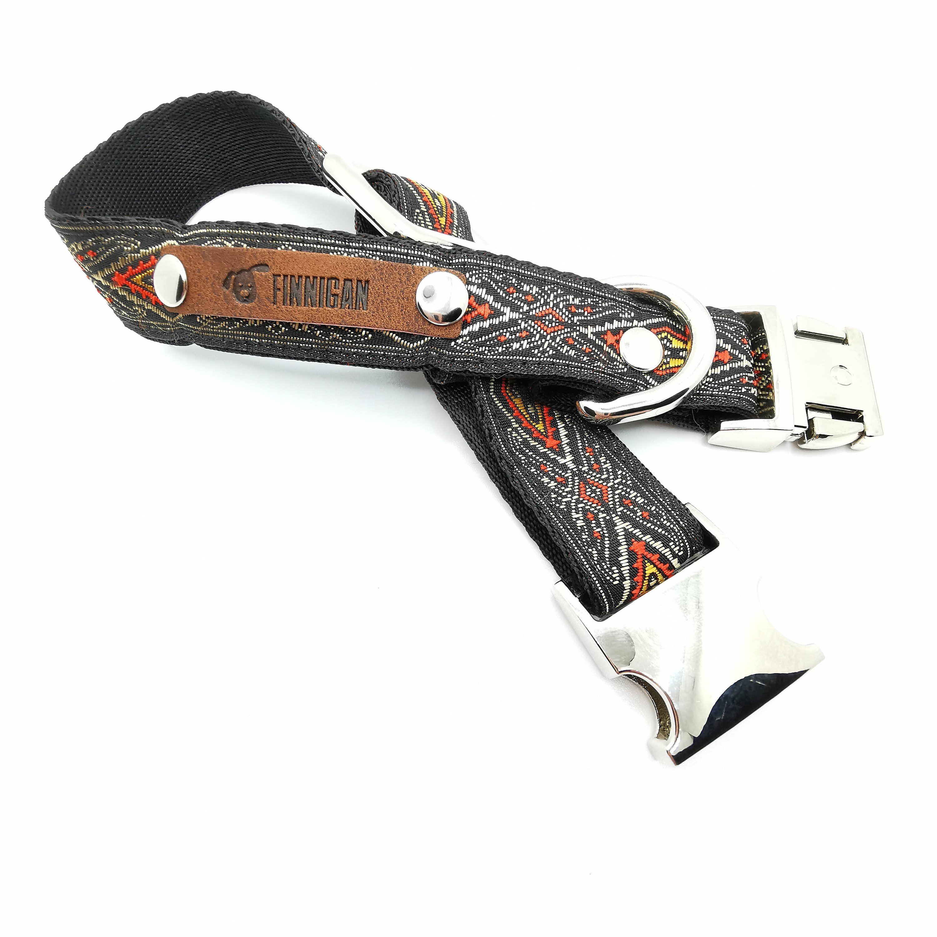 A stylish Finnigan's Personalised Designer Dog Collar featuring vibrant patterns and a custom engraved aluminium buckle, perfect for any dog.