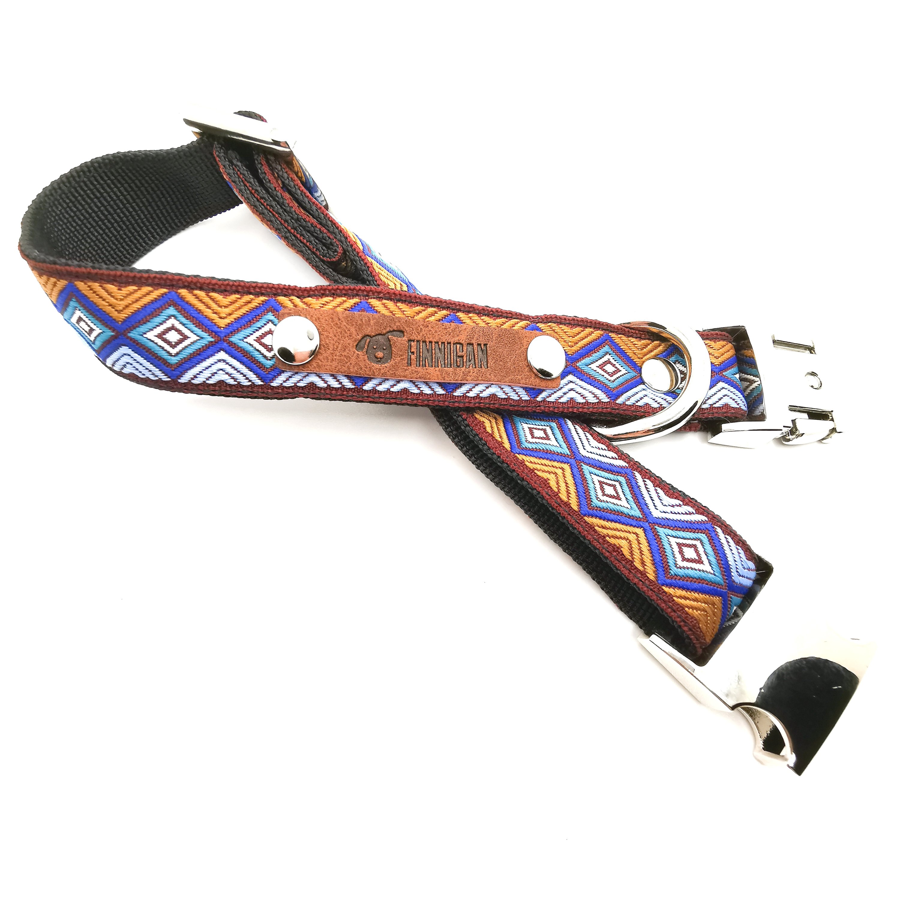 A stylish Finnigan's Personalised Designer Dog Collar featuring vibrant patterns and a custom engraved aluminium buckle, perfect for any dog.