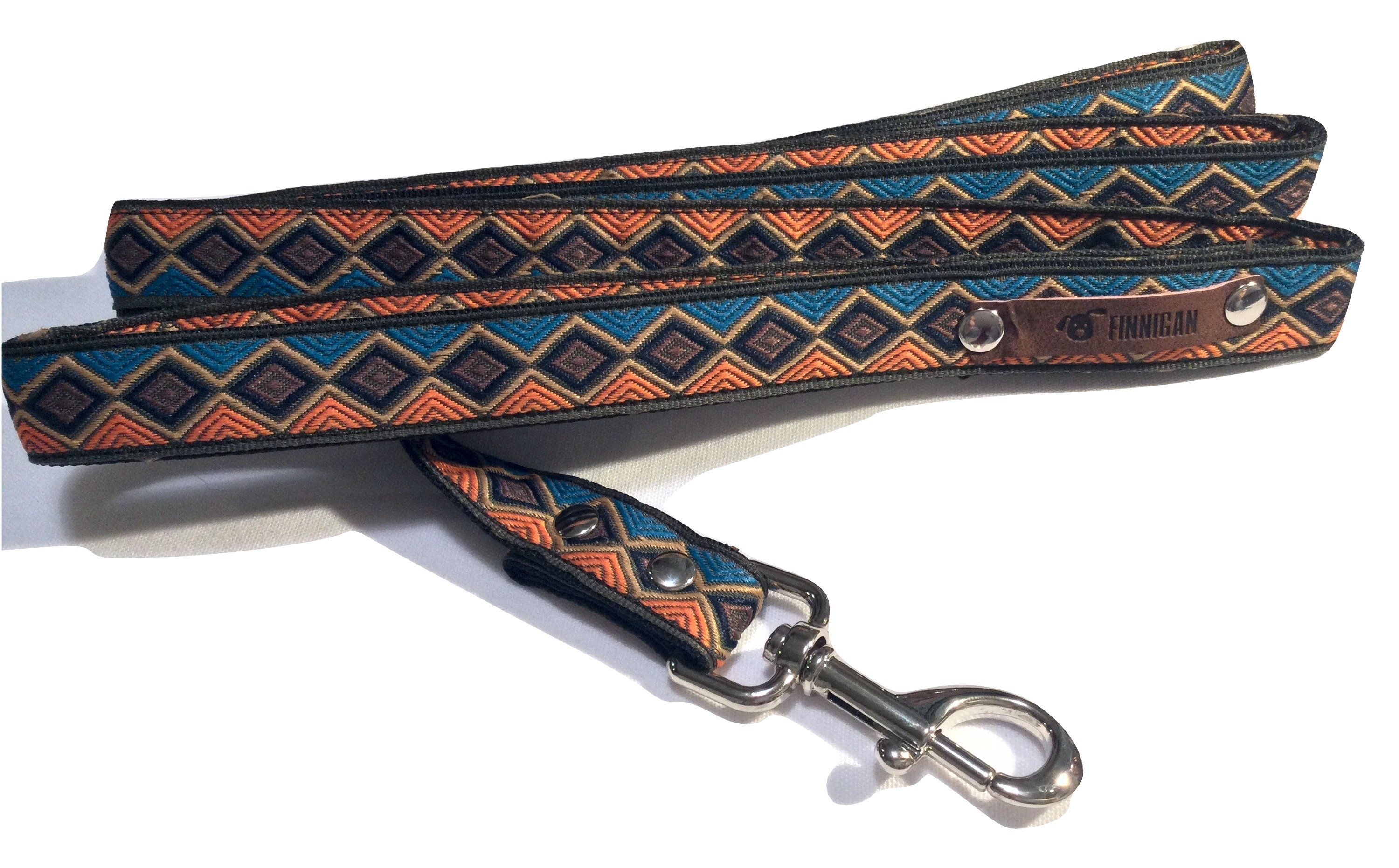 A stylish Finnigan's Personalised Designer Dog Collar featuring vibrant patterns and a custom engraved aluminium buckle, perfect for any dog.