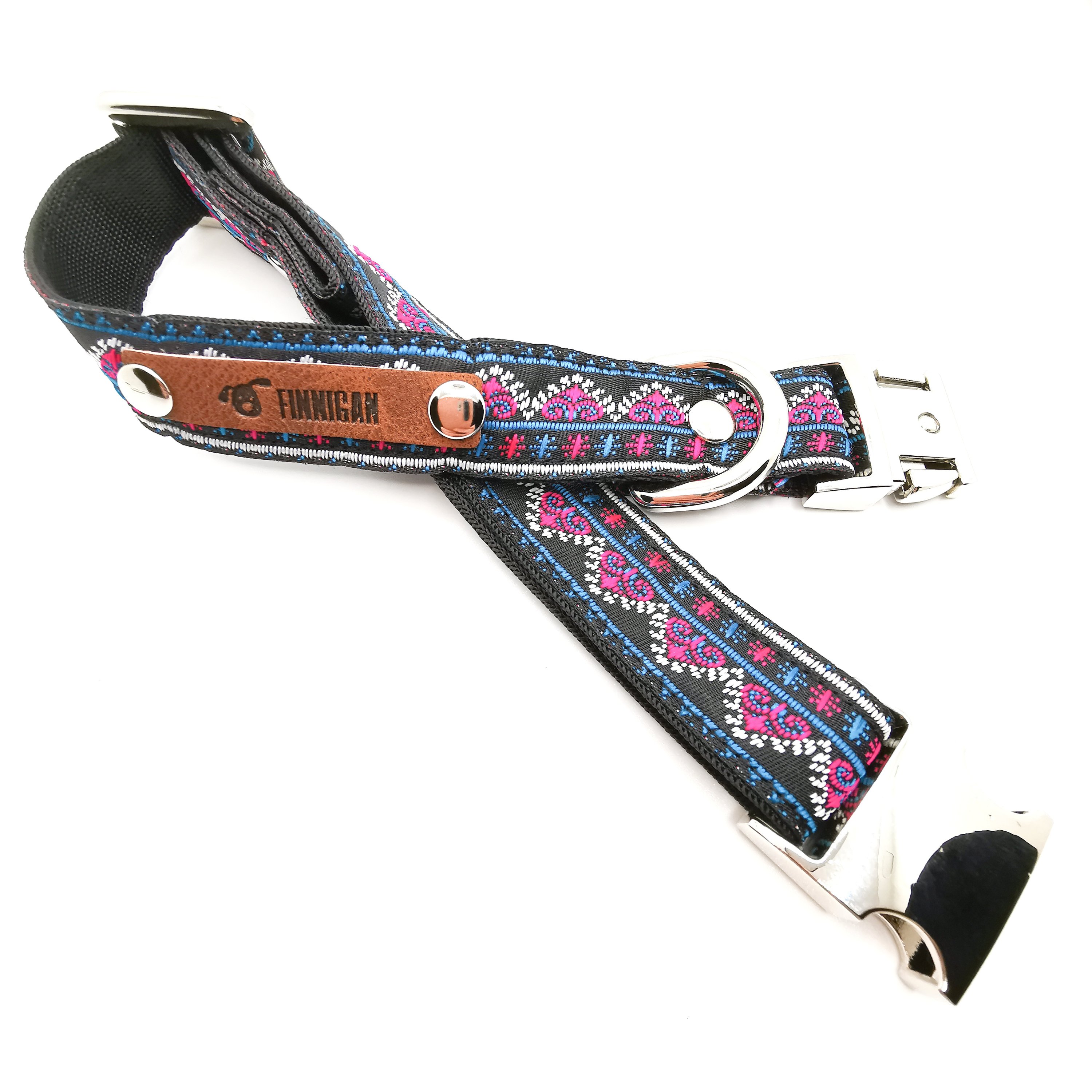 A stylish Finnigan's Personalised Designer Dog Collar featuring vibrant patterns and a custom engraved aluminium buckle, perfect for any dog.