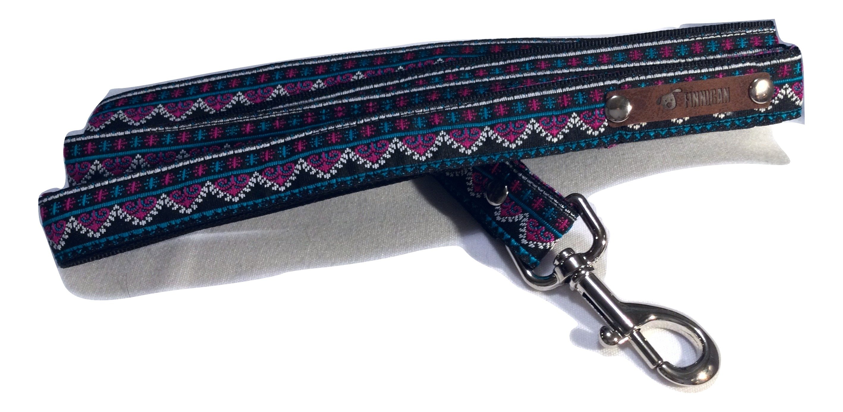 A stylish Finnigan's Personalised Designer Dog Collar featuring vibrant patterns and a custom engraved aluminium buckle, perfect for any dog.
