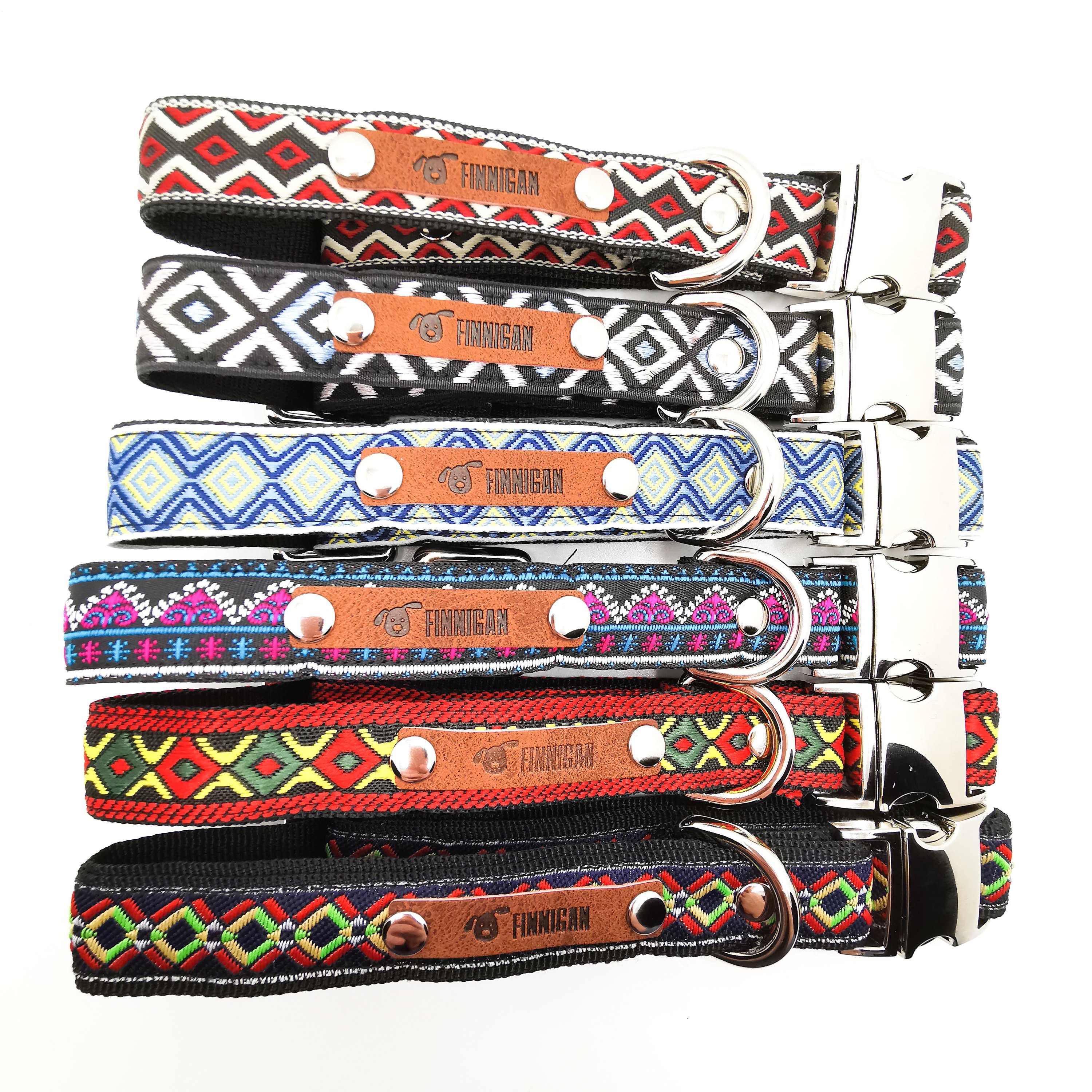 A stylish Finnigan's Personalised Designer Dog Collar featuring vibrant patterns and a custom engraved aluminium buckle, perfect for any dog.