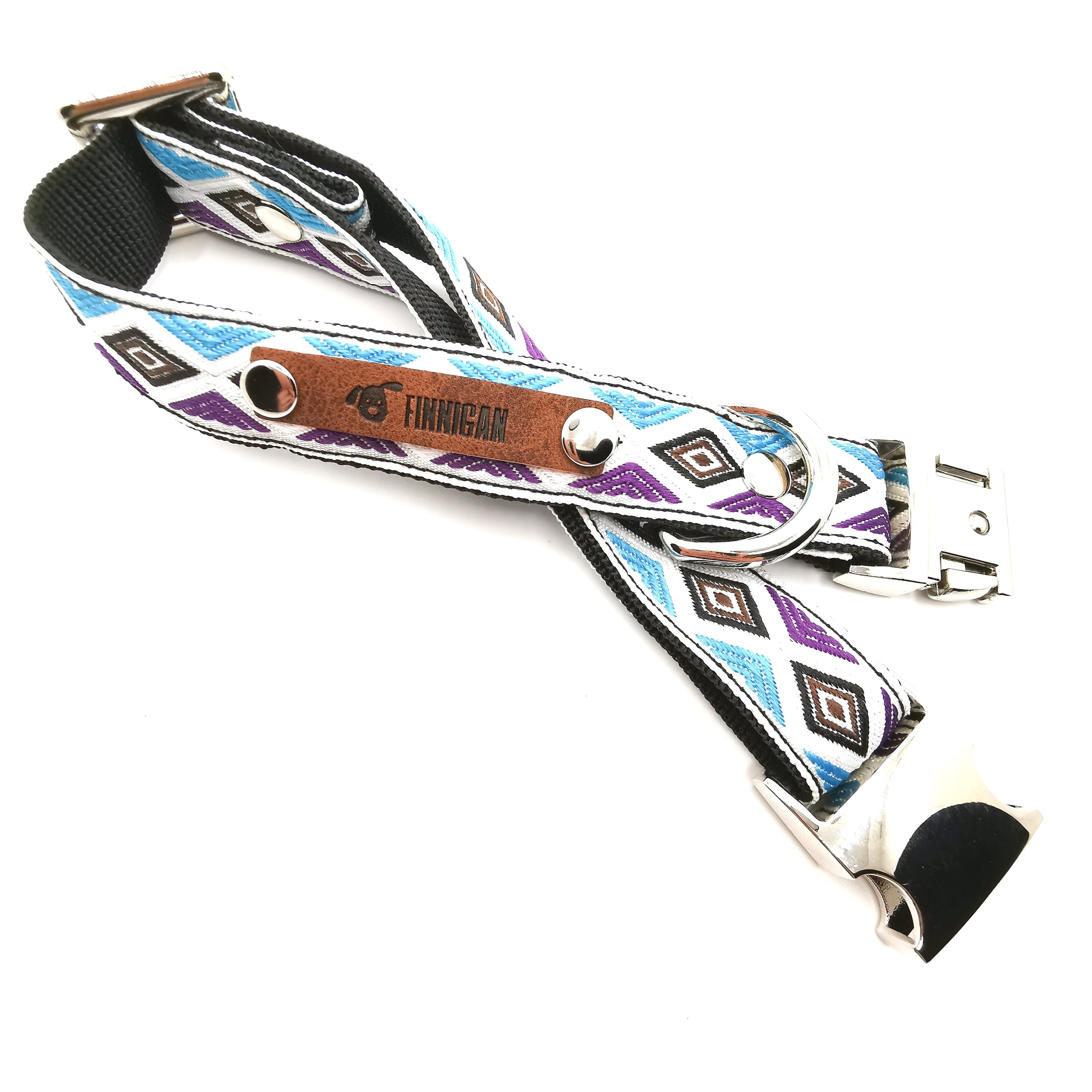 A stylish Finnigan's Personalised Designer Dog Collar featuring vibrant patterns and a custom engraved aluminium buckle, perfect for any dog.