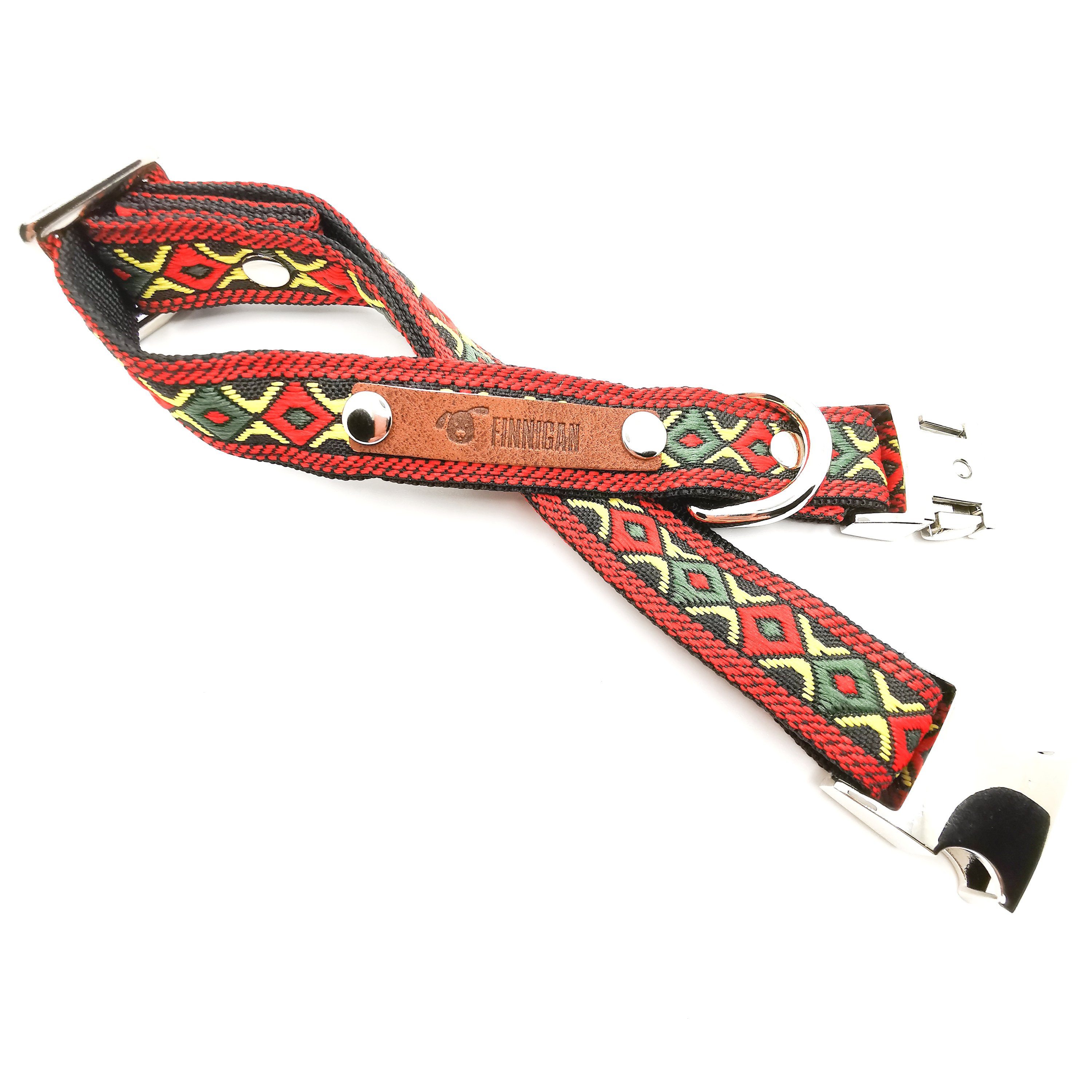 A stylish Finnigan's Personalised Designer Dog Collar featuring vibrant patterns and a custom engraved aluminium buckle, perfect for any dog.