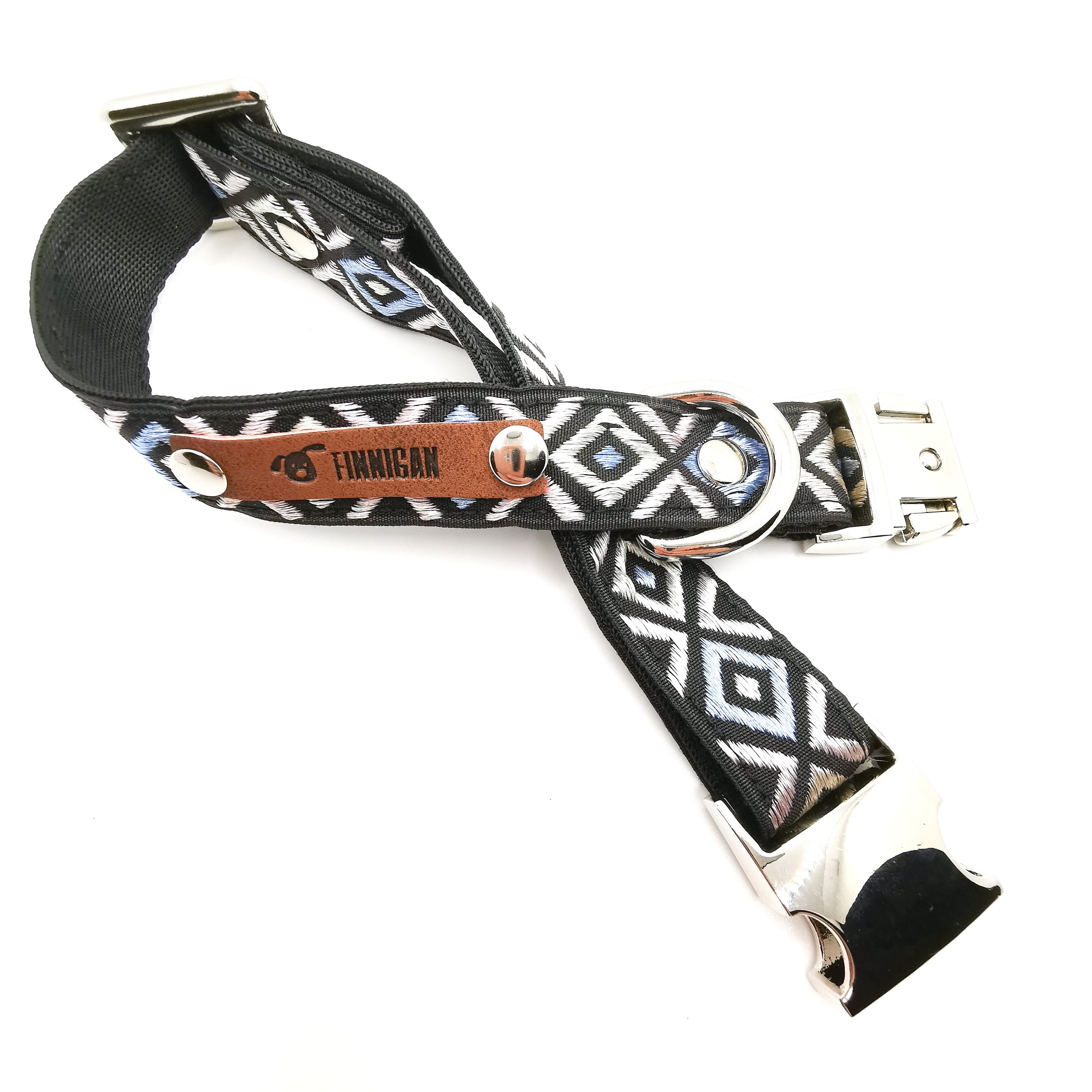 A stylish Finnigan's Personalised Designer Dog Collar featuring vibrant patterns and a custom engraved aluminium buckle, perfect for any dog.