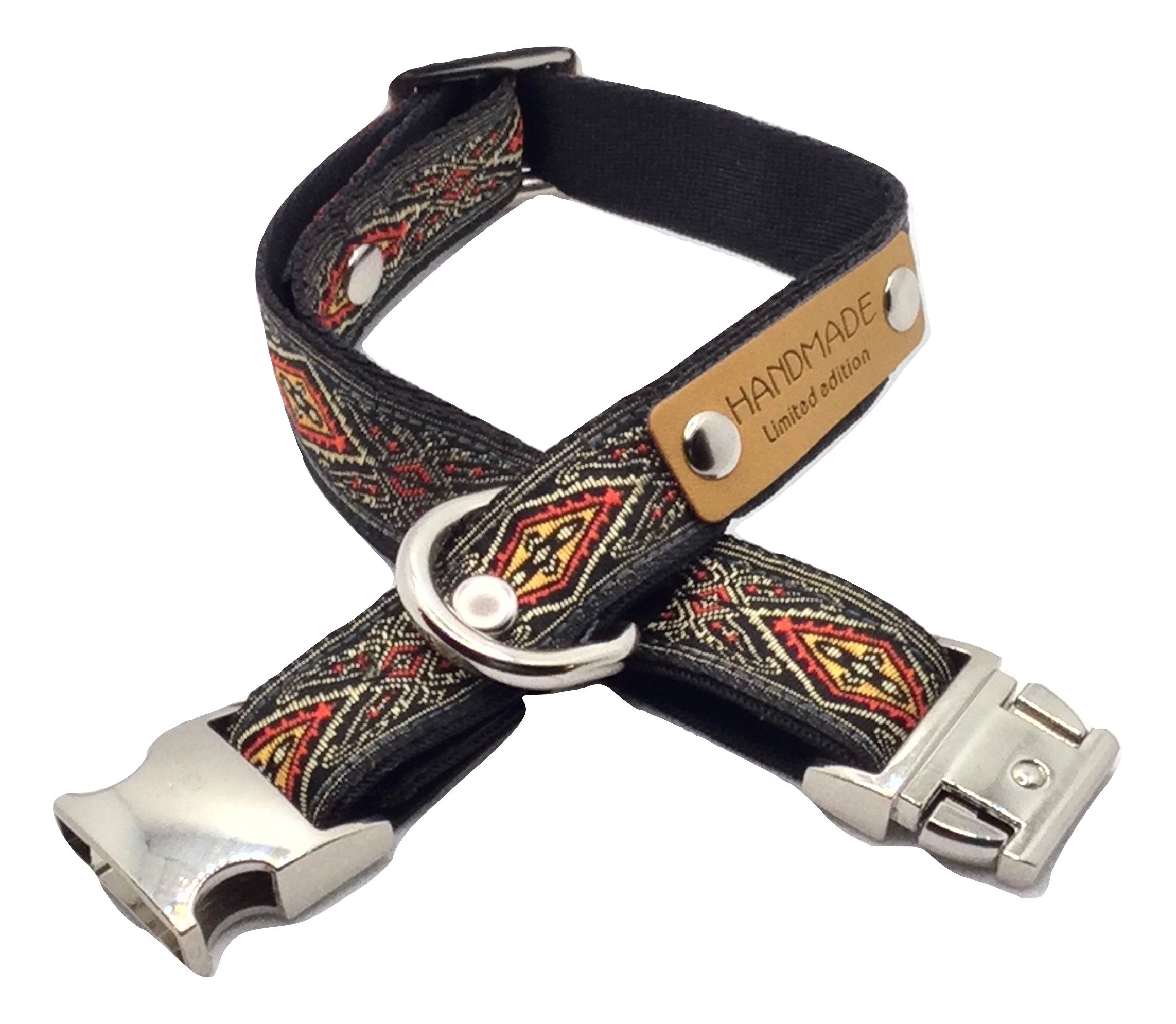 A stylish Finnigan's Personalised Designer Dog Collar featuring vibrant patterns and a custom engraved aluminium buckle, perfect for any dog.