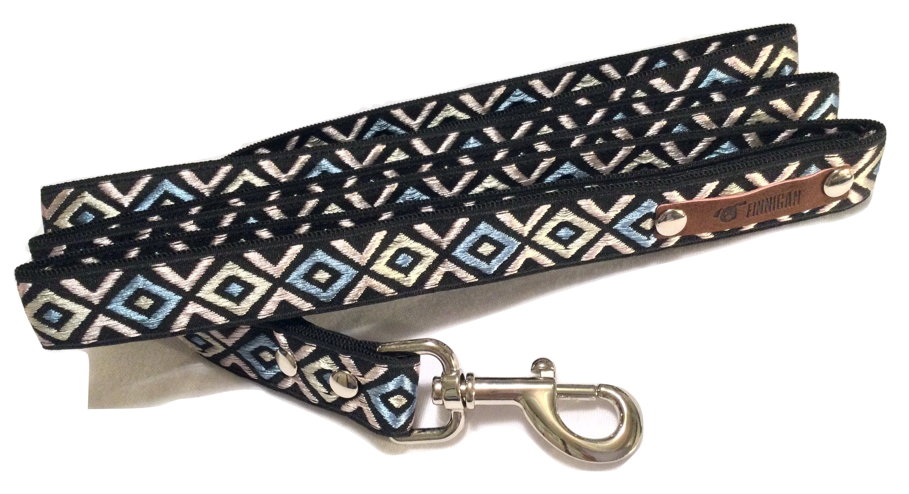 A stylish Finnigan's Personalised Designer Dog Collar featuring vibrant patterns and a custom engraved aluminium buckle, perfect for any dog.