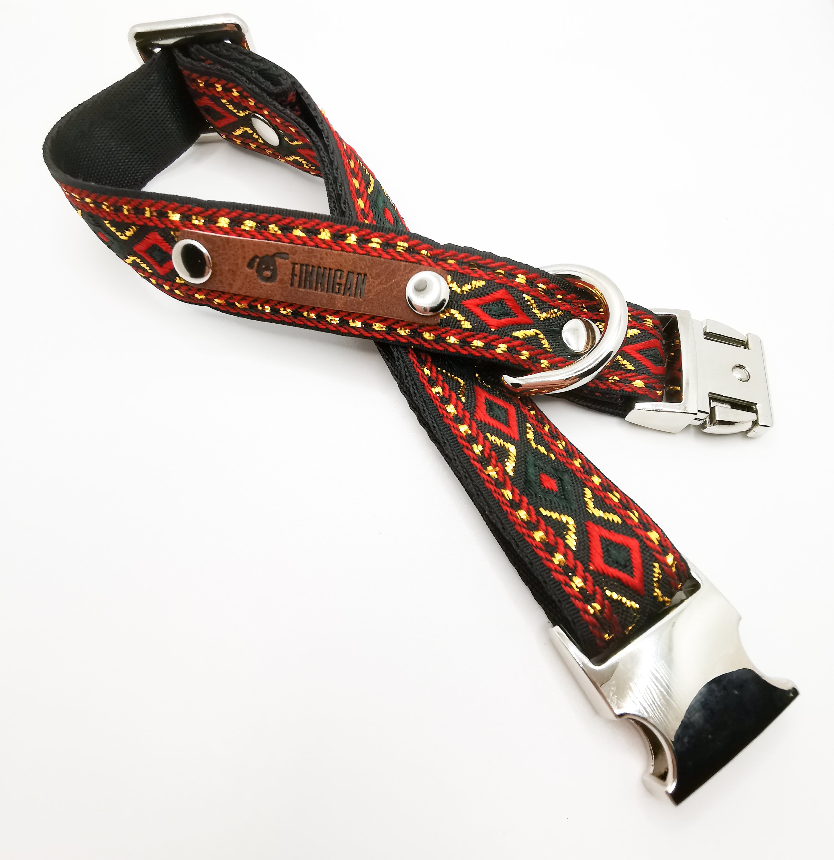 A stylish Finnigan's Personalised Designer Dog Collar featuring vibrant patterns and a custom engraved aluminium buckle, perfect for any dog.