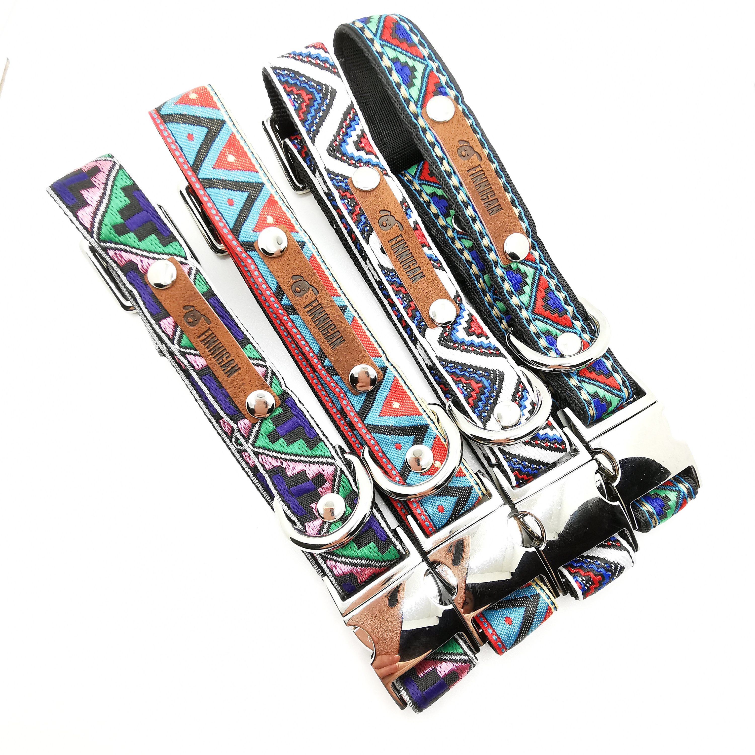 A stylish Finnigan's Personalised Designer Dog Collar featuring vibrant patterns and a custom engraved aluminium buckle, perfect for any dog.