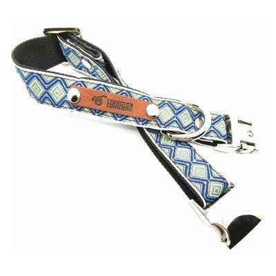 A stylish Finnigan's Personalised Designer Dog Collar featuring vibrant patterns and a custom engraved aluminium buckle, perfect for any dog.