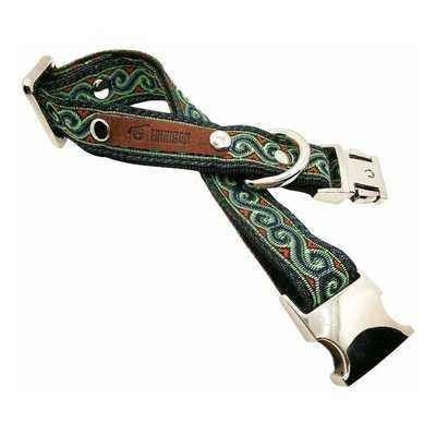 A stylish Finnigan's Personalised Designer Dog Collar featuring vibrant patterns and a custom engraved aluminium buckle, perfect for any dog.