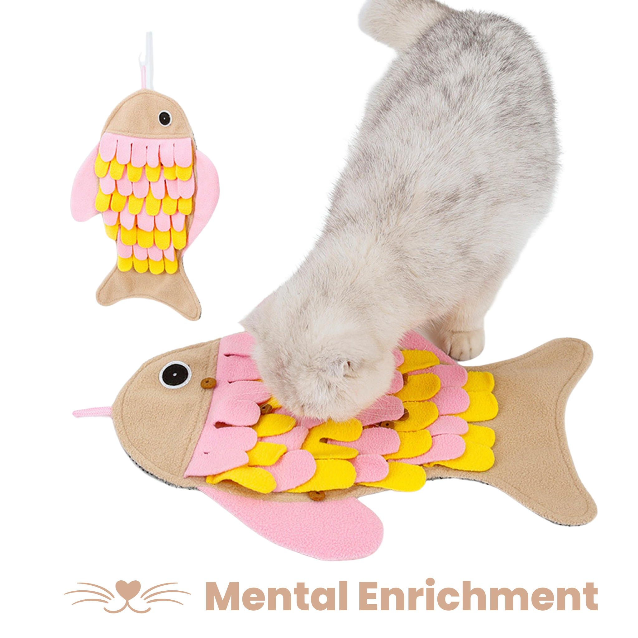 Injoya Fish Snuffle Mat designed for cats, featuring a textured surface for hiding food, promoting natural hunting instincts.