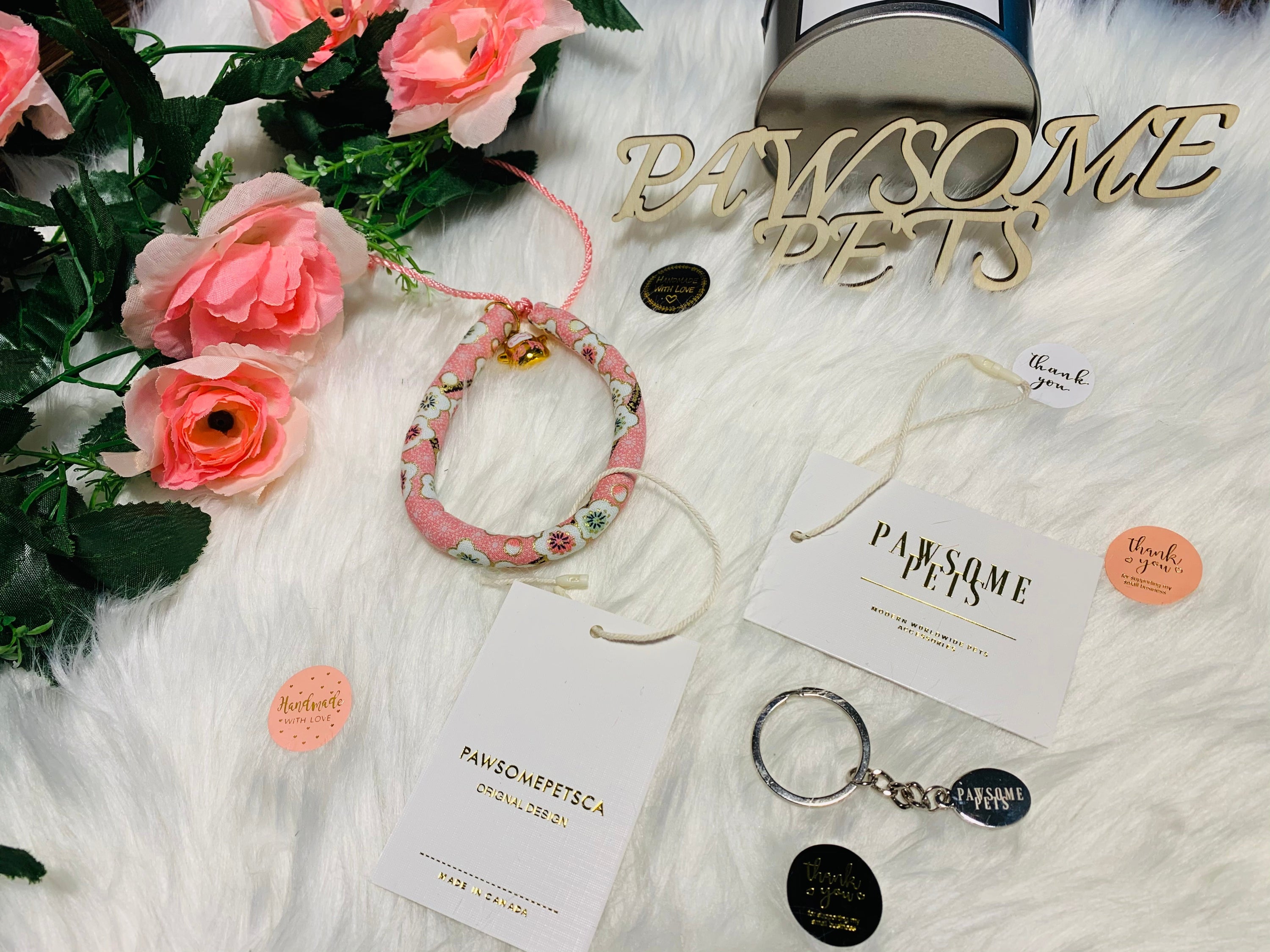 Florence Pink Cotton Collar for Cats and Dogs, featuring a delicate Japanese style design with a soft cotton material and sturdy metal buckle.