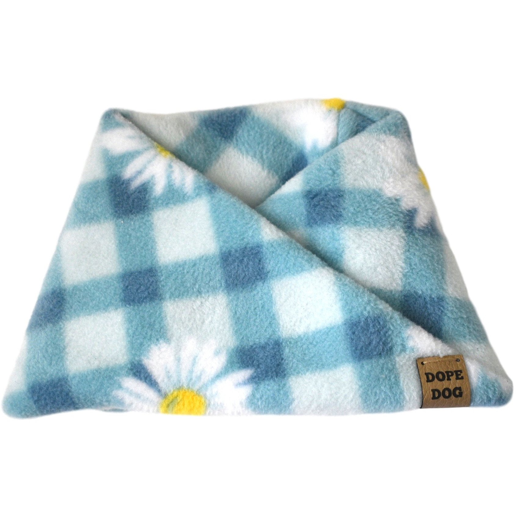 Flower Child Dog Scarf made of cozy fleece fabric, featuring a stylish twisted neck design, perfect for dogs of all sizes.