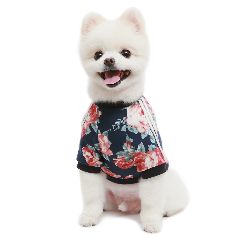 Flower Jersey T-shirt for pets, featuring a stylish flower design in navy color, made from 100% cotton for comfort.