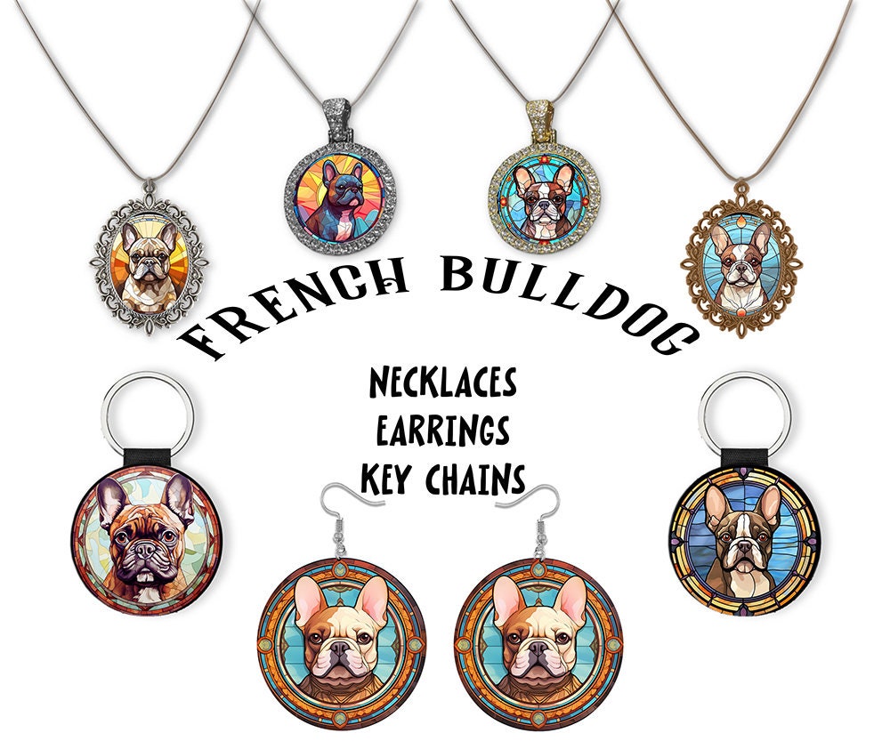 Stained glass style necklace featuring a French Bulldog design, showcasing vibrant colors and intricate patterns on a silver or gold chain.