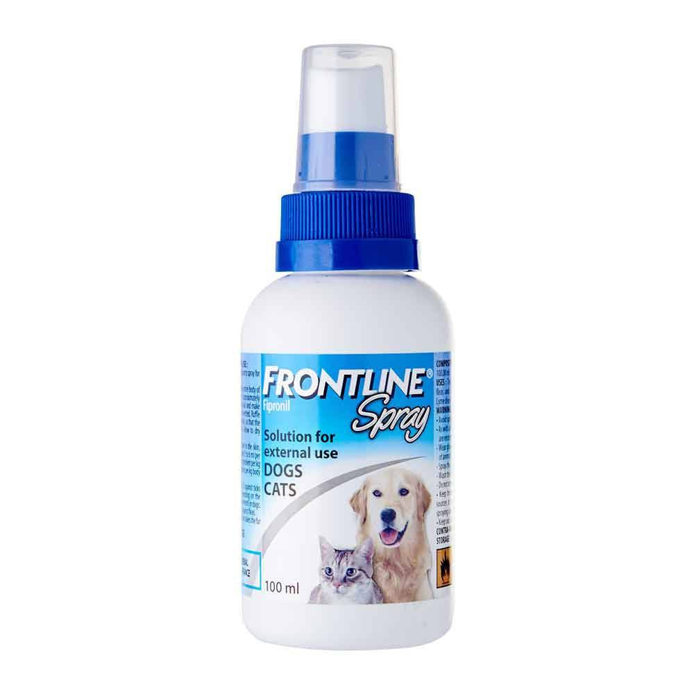 Frontline Spray for Dogs & Cats 100ml bottle with a spray nozzle, designed for effective flea and tick control.