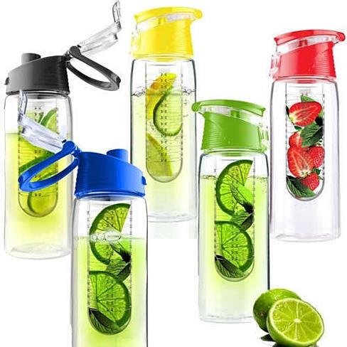 Fruit Cola Bottle in vibrant colors with a built-in straw and flip-top cap, designed for infusing water with fruits and herbs.