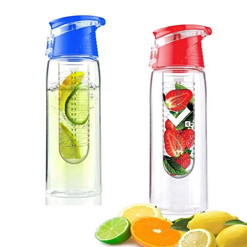 Fruit Cola Bottle in vibrant colors with a built-in straw and flip-top cap, designed for infusing drinks with fruits and herbs.