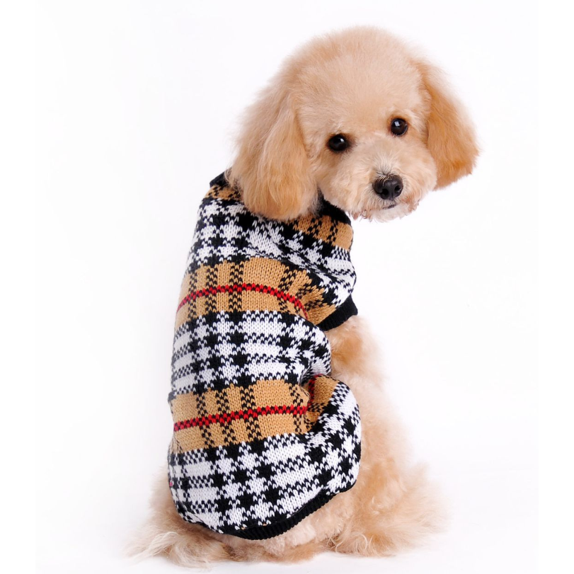 Furberry Checkered Sweater for dogs, featuring a stylish checkered pattern and ribbed cuffs for a snug fit.