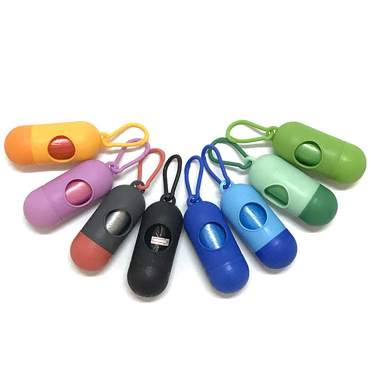 A compact garbage bag container made of heavyweight neoprene, featuring a black clasp for easy attachment and a small zipper pull.