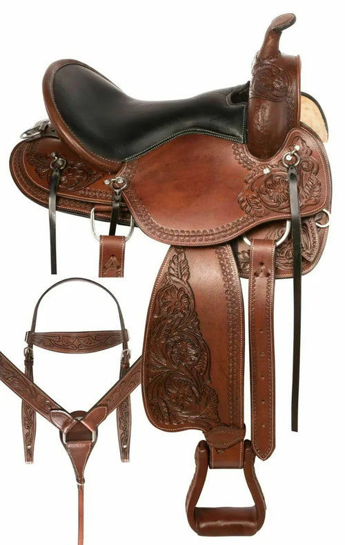 Genuine leather western trail gaited endurance horse saddle with matching tack set, featuring deep seat and padded fleece underskirt.