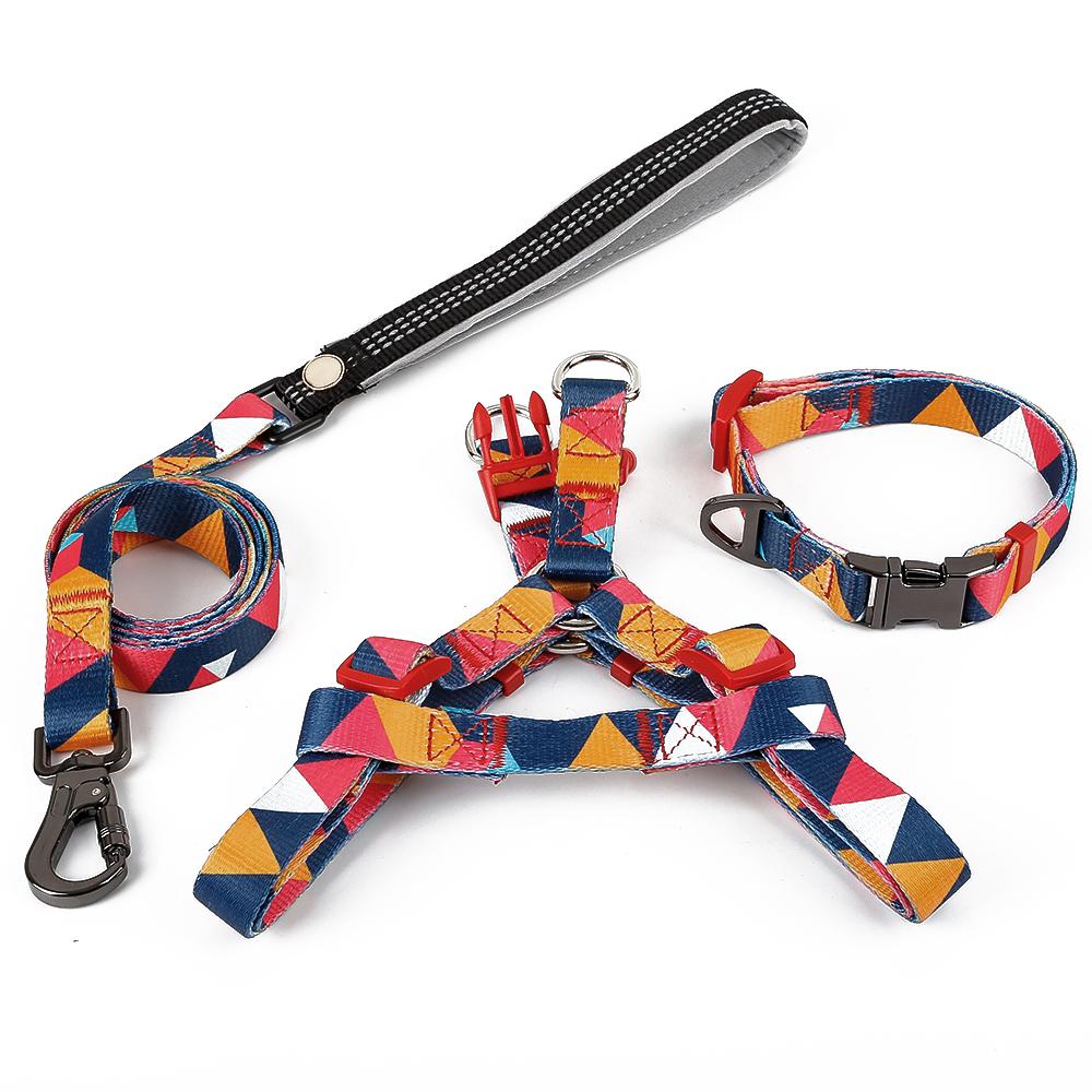 Stylish geometric collar, lead, and harness set for dogs in vibrant colors, showcasing premium materials and design.