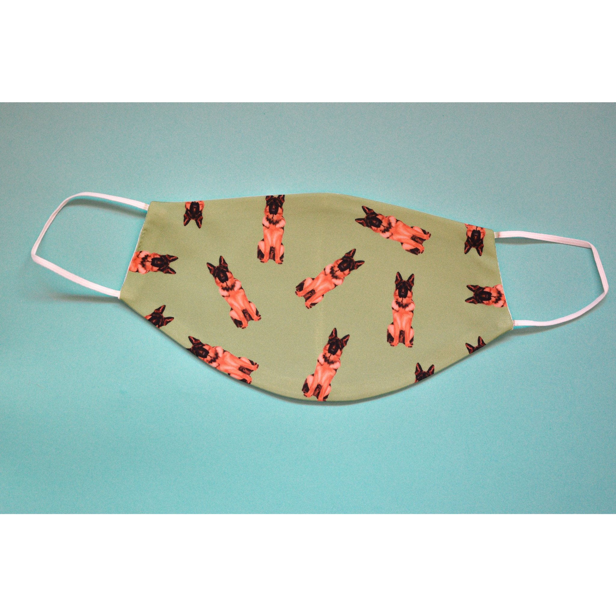 A stylish German Shepherd face cover, handmade with breathable polyester and organic cotton, featuring a unique design for dog lovers.