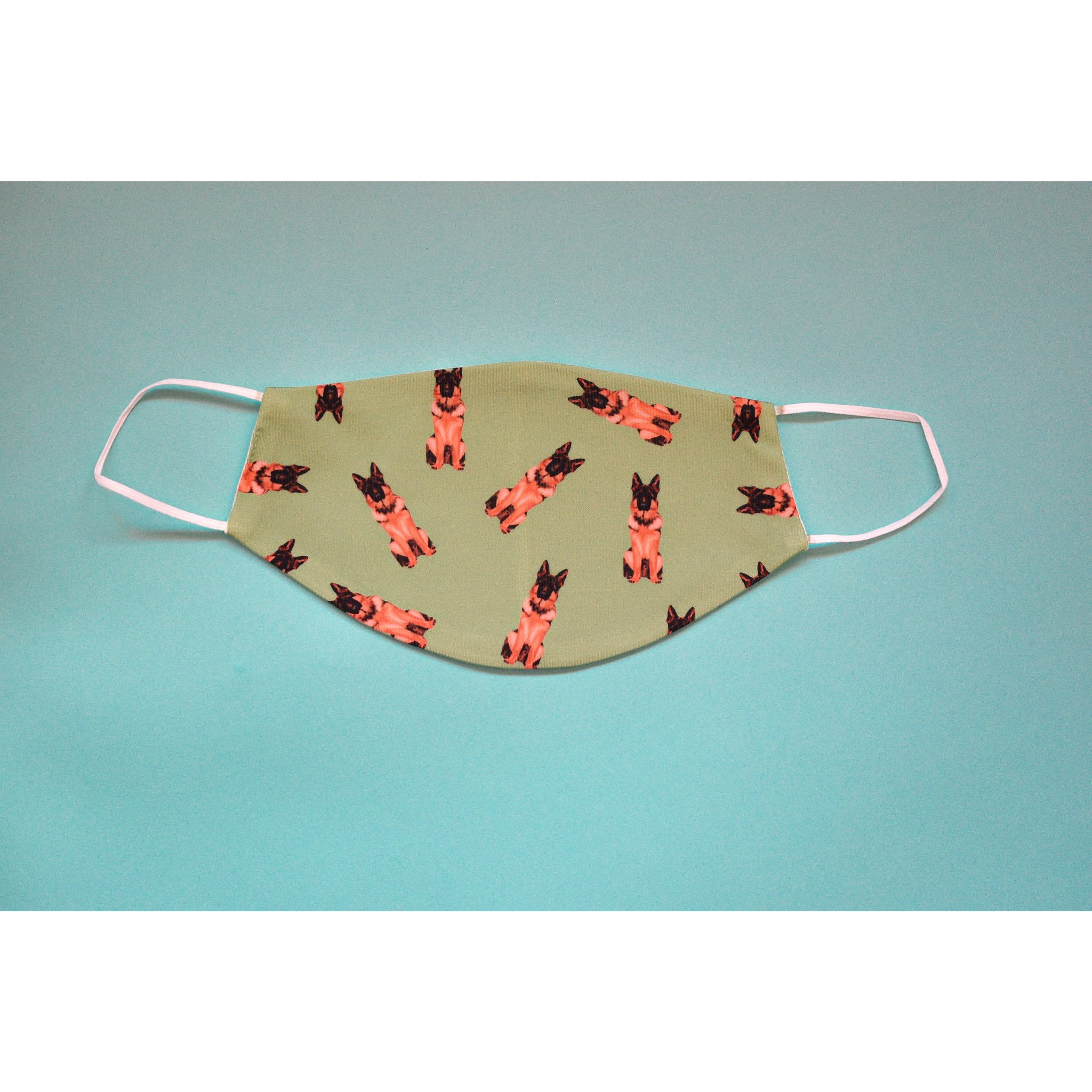 A stylish German Shepherd face cover, handmade with breathable polyester and organic cotton, featuring a unique design for dog lovers.