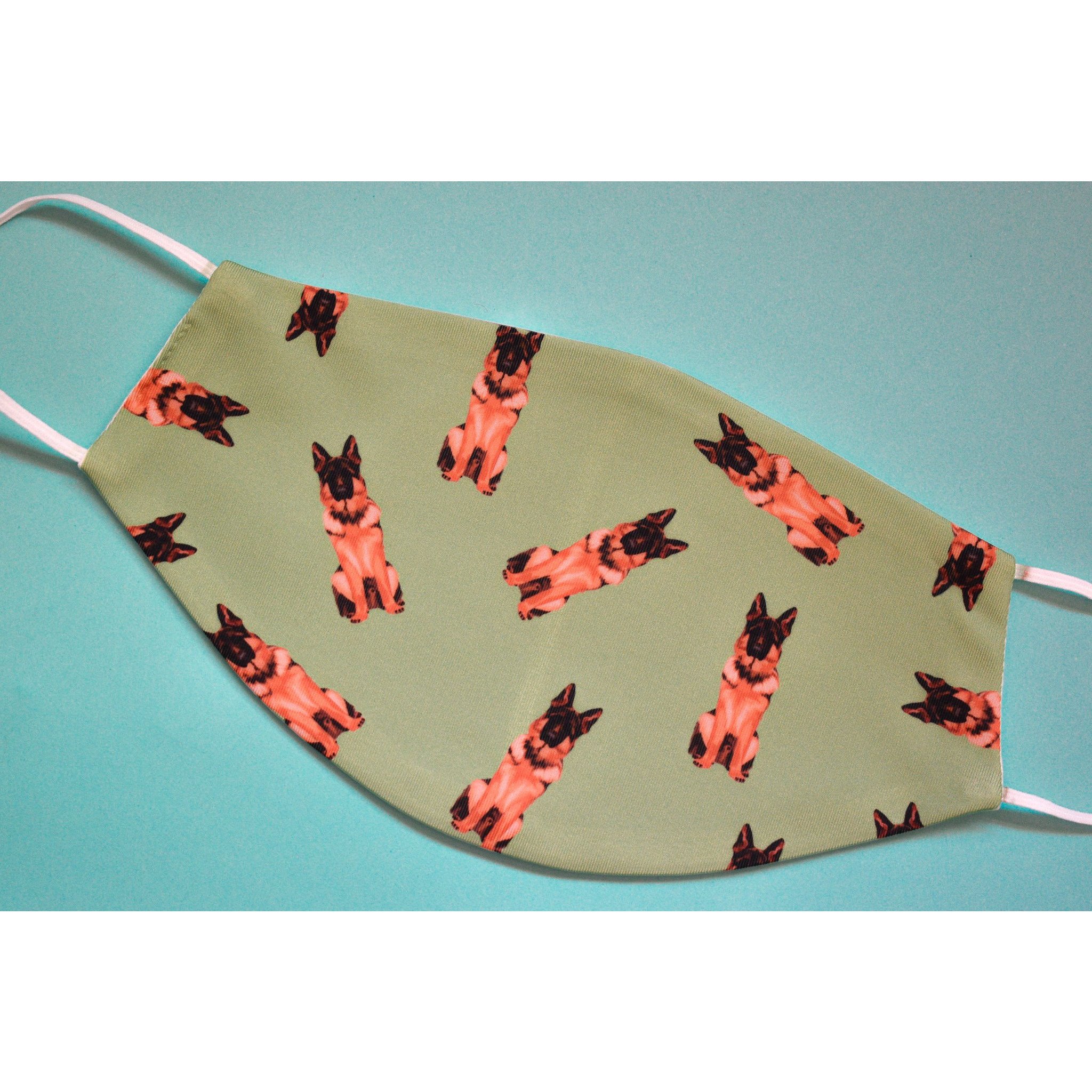 A stylish German Shepherd face cover, handmade with breathable polyester and organic cotton, featuring a unique design for dog lovers.