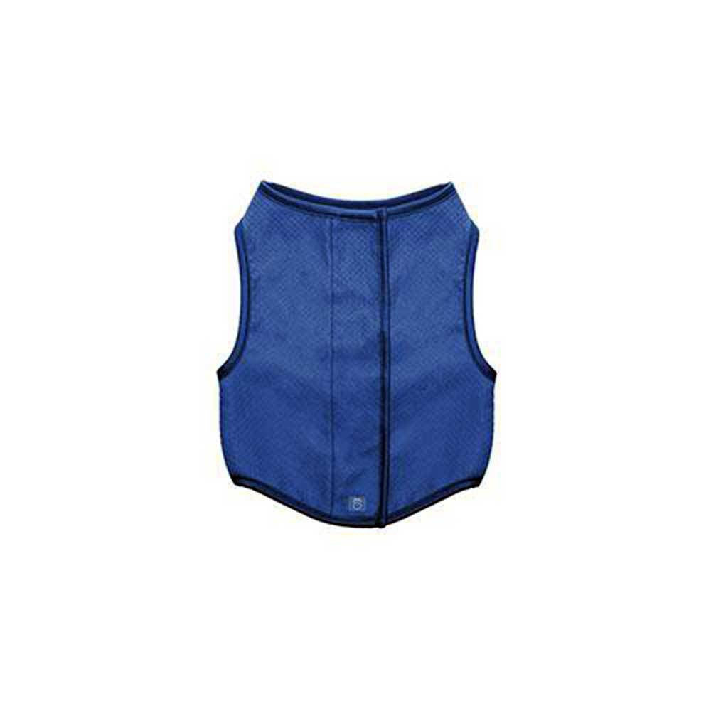 A blue GF Pet Ice Vest cooling product for dogs, showcasing its lightweight and absorbent fabric, designed to keep pets cool in hot weather.