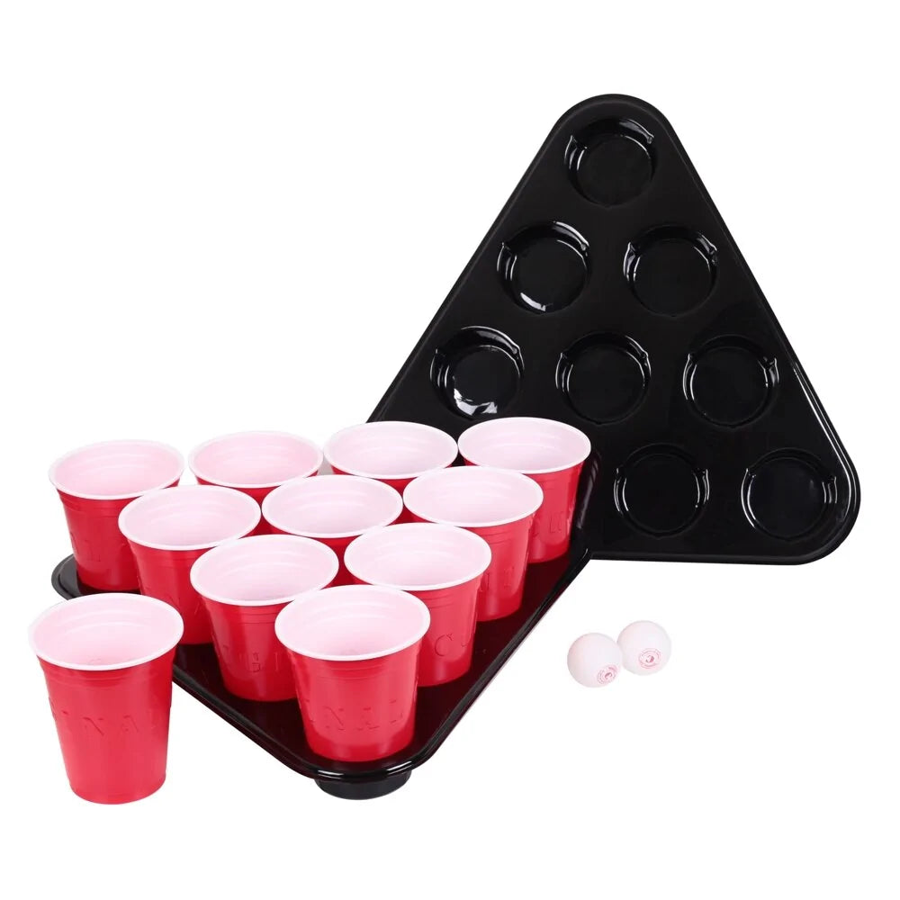 Giant Size Beer Pong game featuring oversized cups and balls set up for outdoor party fun.