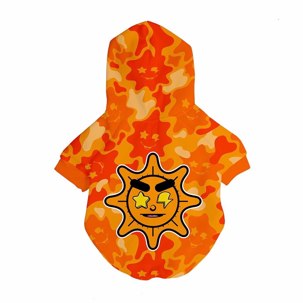 A stylish dog hoodie featuring Glo Gang design, perfect for small to medium dogs, showcasing vibrant colors and graphics.