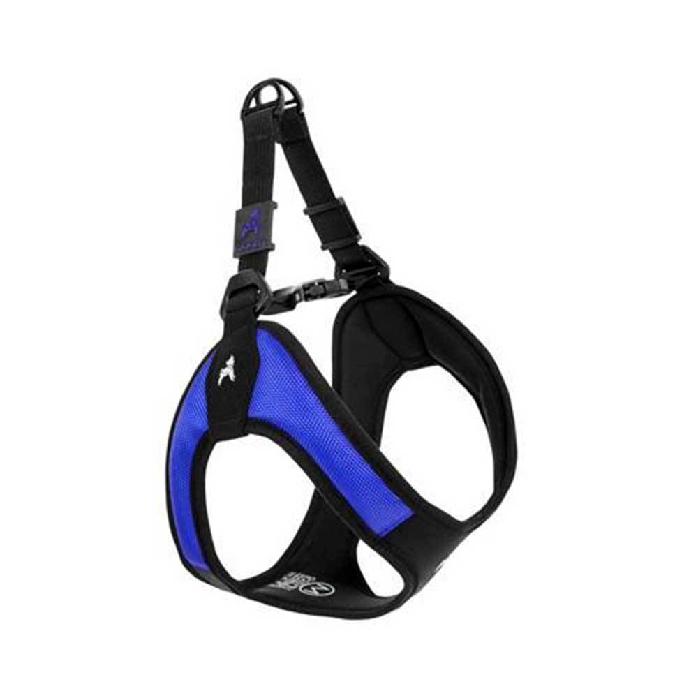 Gooby Escape Free Easy Fit Dog Harness in blue, featuring memory foam padding and wetsuit material for comfort and durability.