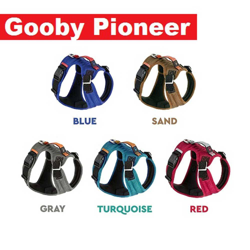 Gooby Pioneer Harness for Dogs in various colors, showcasing adjustable straps and control handle.