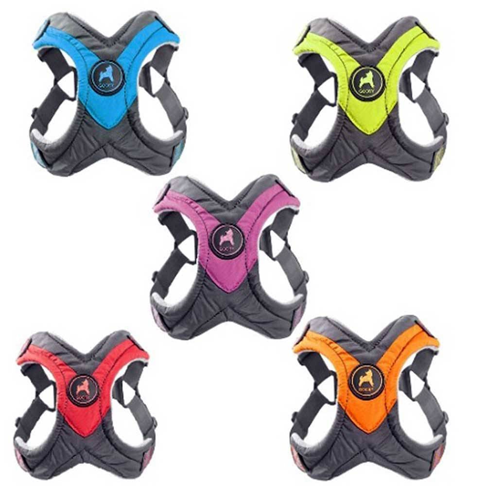 Gooby Trekking Step In Dog Harness in vibrant colors with fleece lining and adjustable straps.