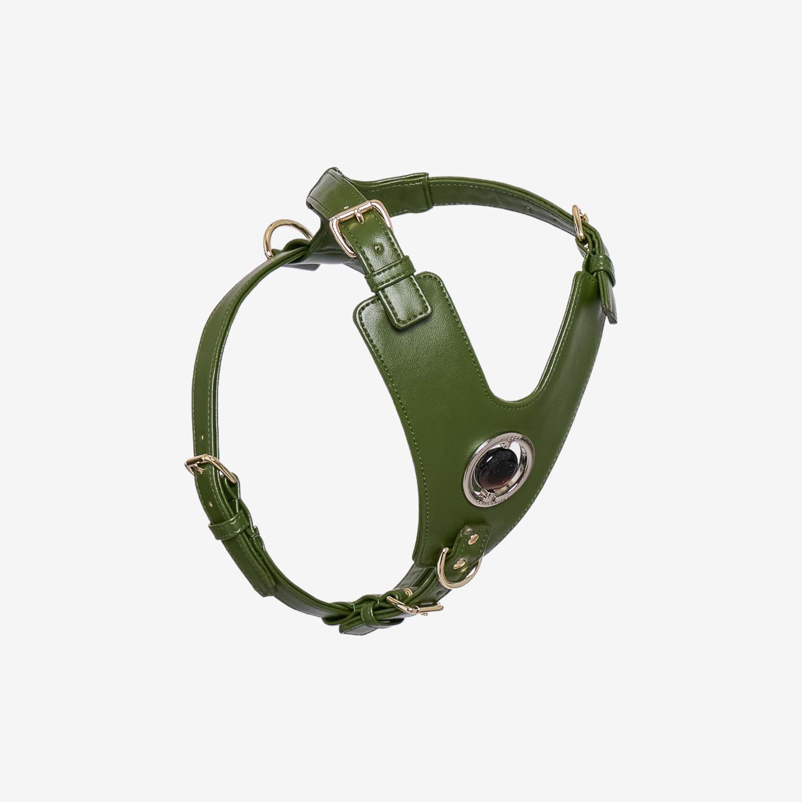 Good Vibration Dog Harness in Nopal Green featuring a crystal grommet and gold hardware, designed for comfort and style.