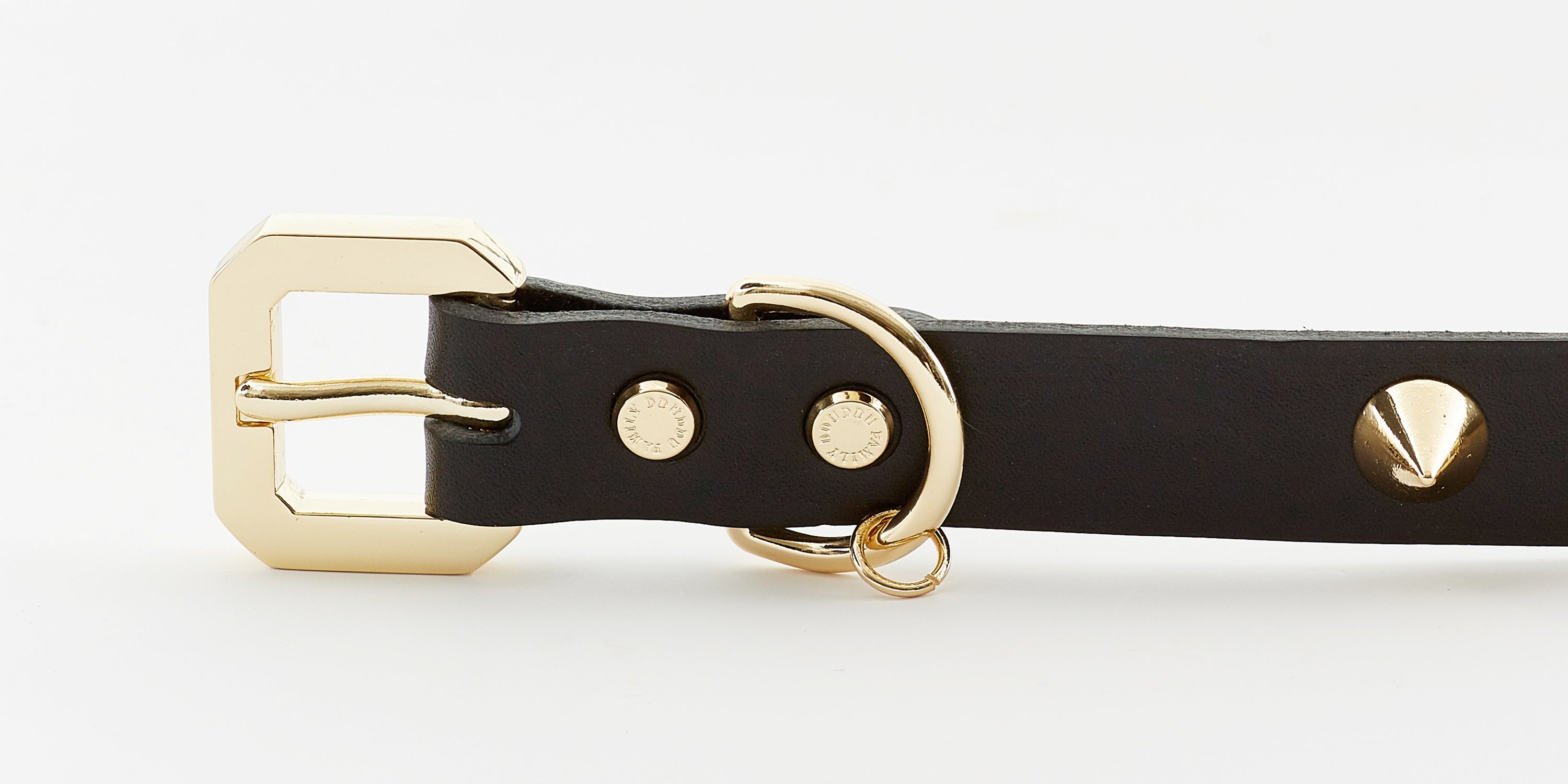 Golden Spike Black Collar made from thick vegetable-tanned leather with gold studs, showcasing its luxurious design and craftsmanship.