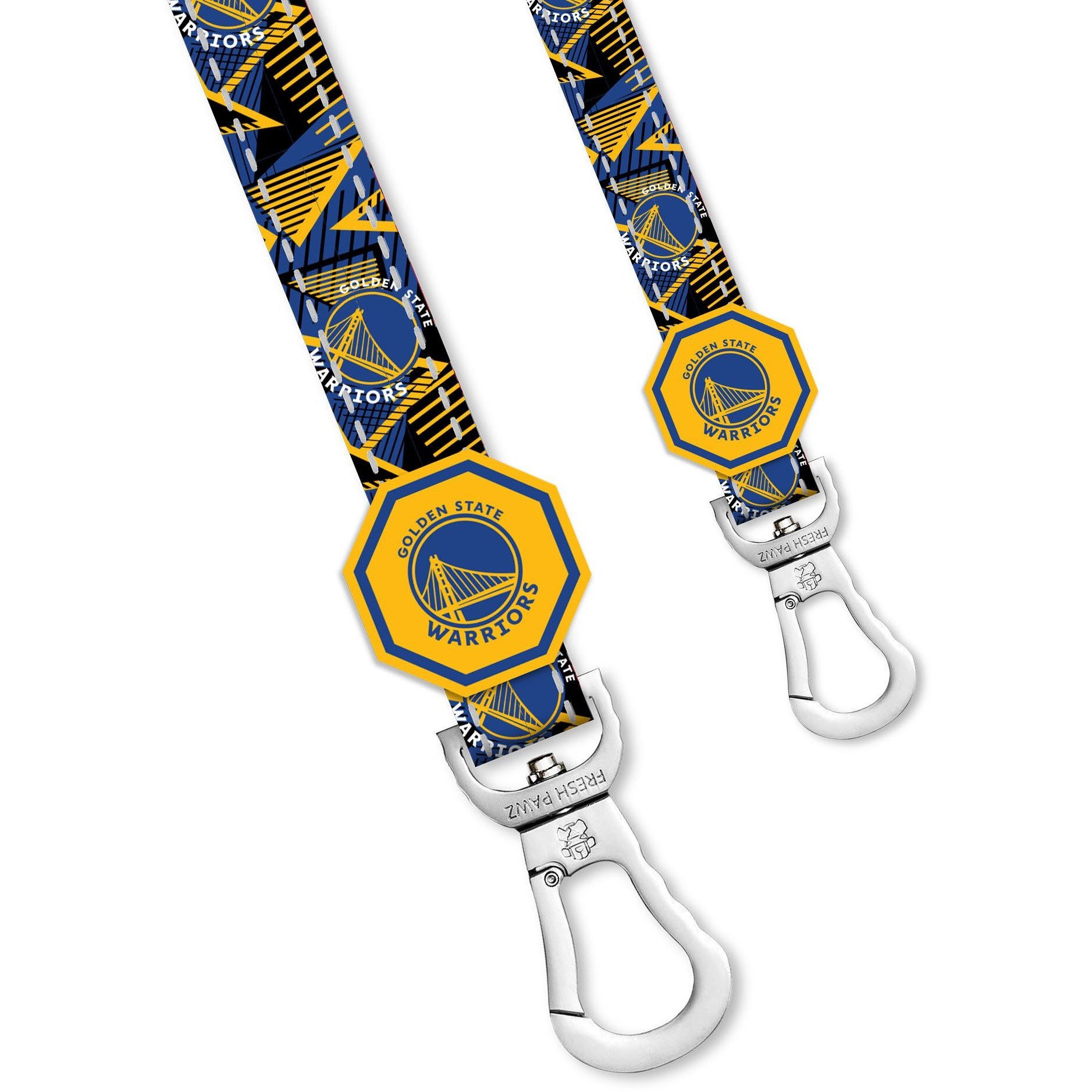 Golden State Warriors x Fresh Pawz Hardwood Leash featuring team colors and logo, with reflective stripes for safety.