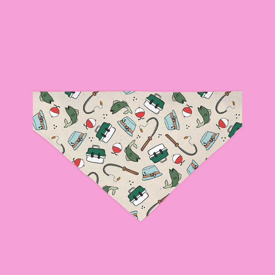 A stylish Gone Fishing Bandana for dogs, featuring a cute fishing-themed design made from ultra-soft polyester fabric, perfect for outdoor adventures.