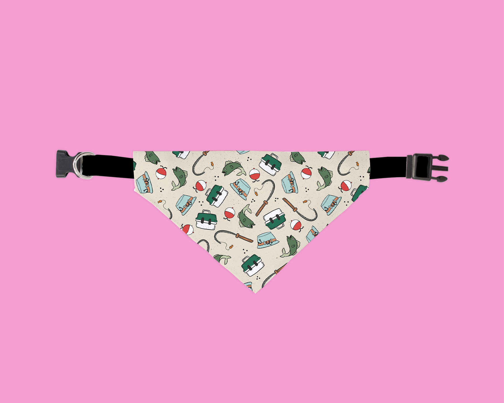 A stylish Gone Fishing Bandana for dogs, featuring a cute fishing-themed design made from ultra-soft polyester fabric, perfect for outdoor adventures.