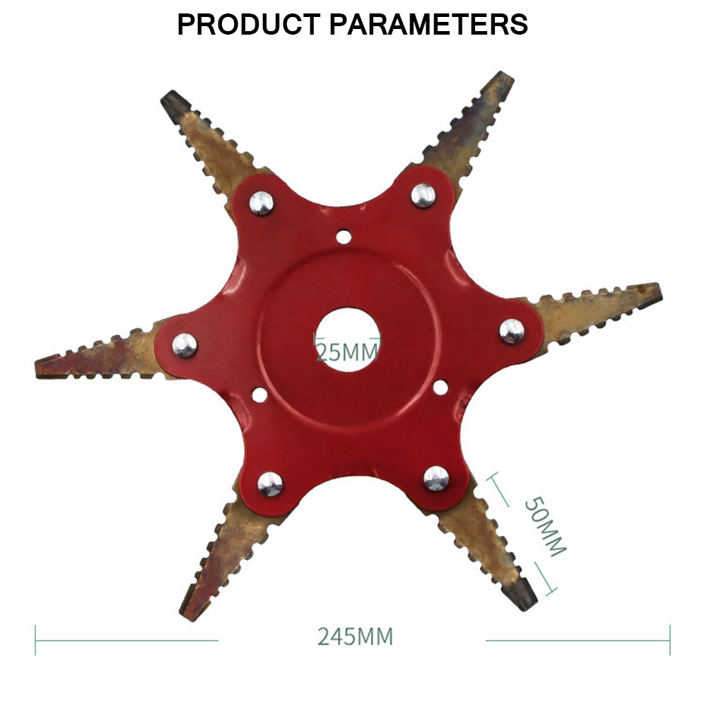 Grass Trimmer Head with 6 sharp teeth blades, made of durable hard alloy, ideal for lawn mowing and garden maintenance.