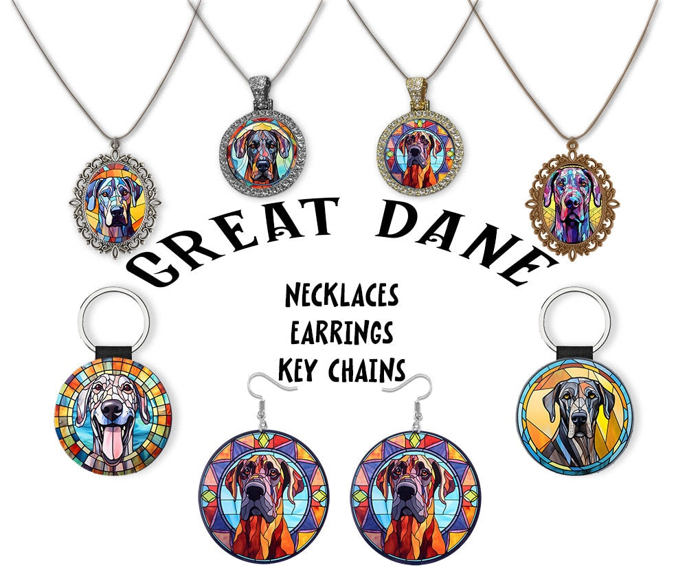 Stained glass style jewelry featuring Great Dane designs in silver and gold, including necklaces and earrings.