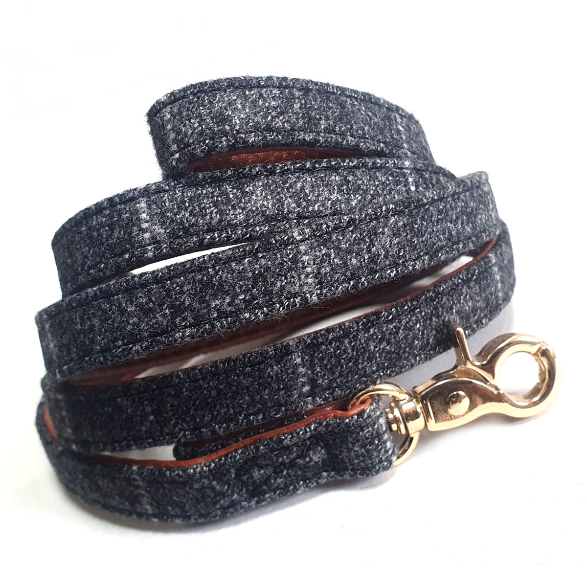 Grey Fabric Dog Lead with brown faux leather and gold plated clasp, showcasing its stylish design and durability.