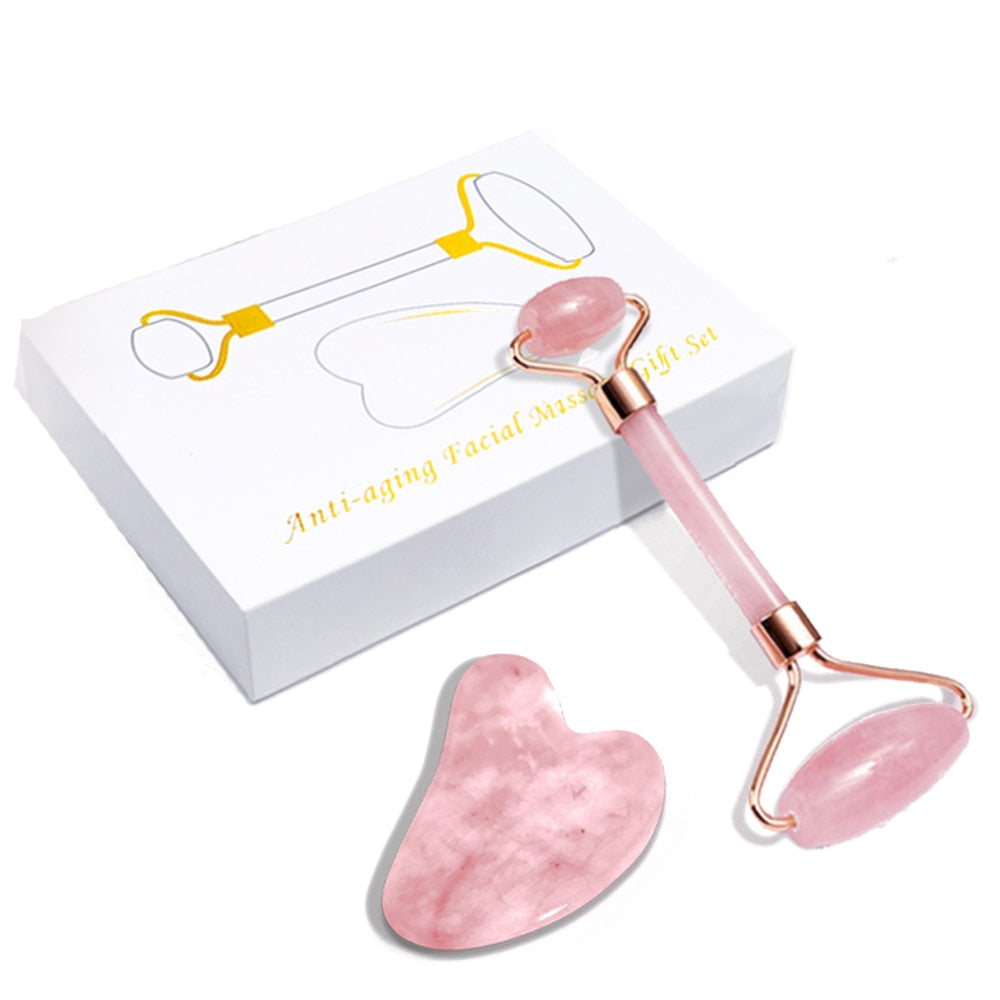 GuaSha Massage Roller Scraper made of natural rose quartz, designed for face lifting and body relaxation, showcasing its elegant pink color.