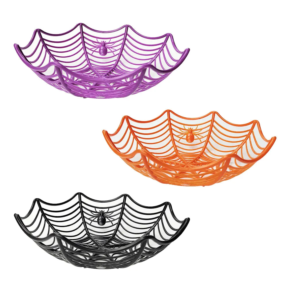 A stylish black and orange spider web candy basket, perfect for Halloween trick-or-treating, featuring a durable design and festive colors.