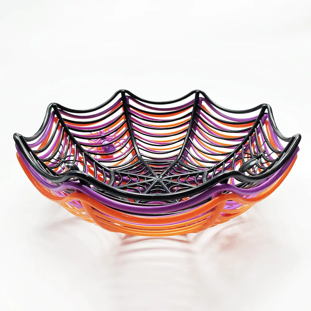 A stylish black and orange spider web candy basket, perfect for Halloween trick-or-treating, featuring a durable design and festive colors.