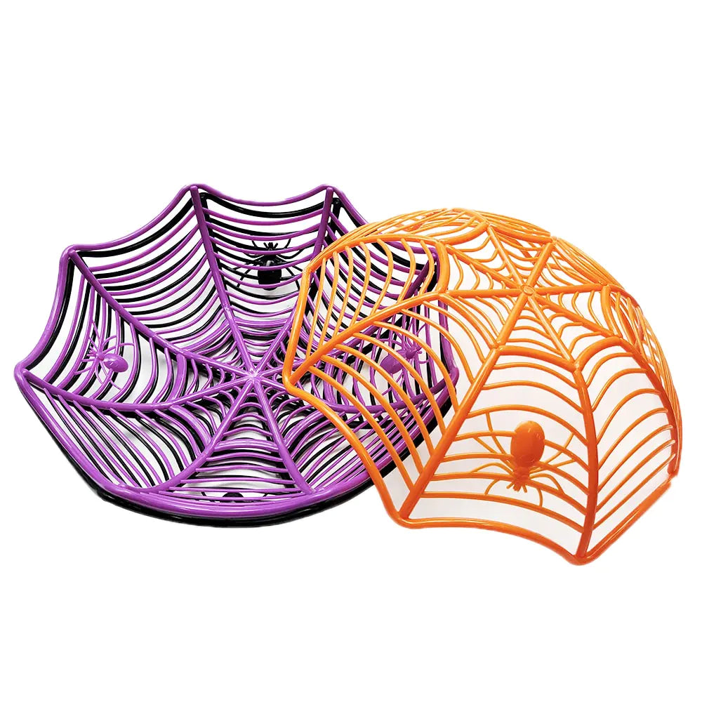 A stylish black and orange spider web candy basket, perfect for Halloween trick-or-treating, featuring a durable design and festive colors.
